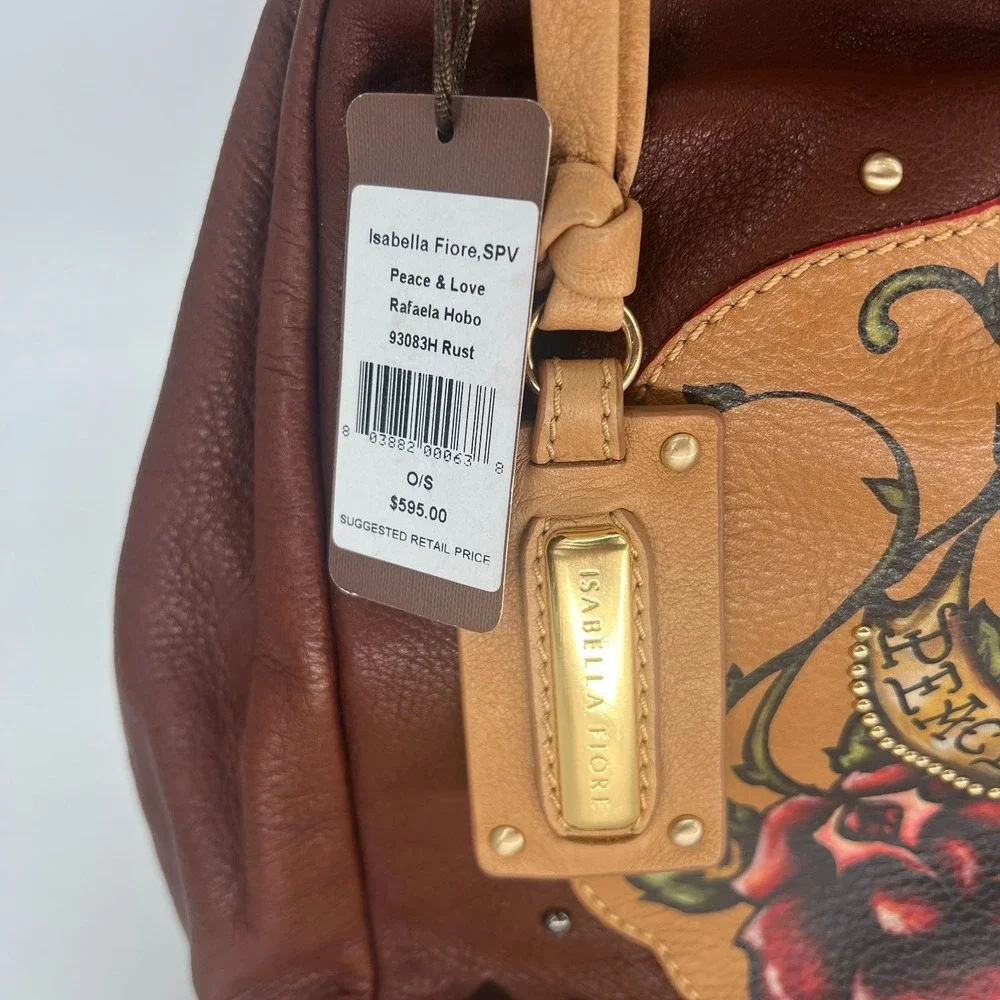 Vtg Isabella Fiore Peace & Love Rafaela Hobo Brown Handbag Leather Y2K Tattoo‎